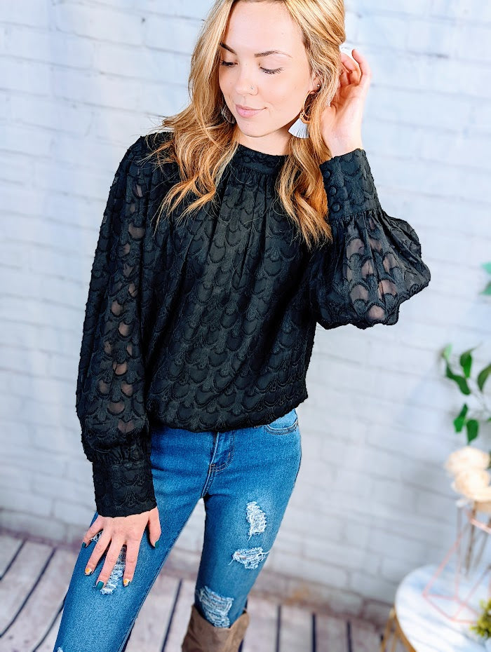 Black Lace-up Mock Neck Bubble Sleeves Blouse