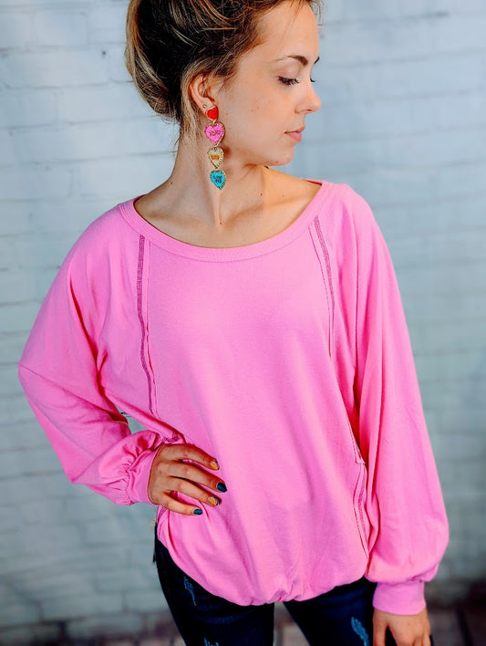 Pink Asymmetrical Cold Shoulder Long Sleeve Top