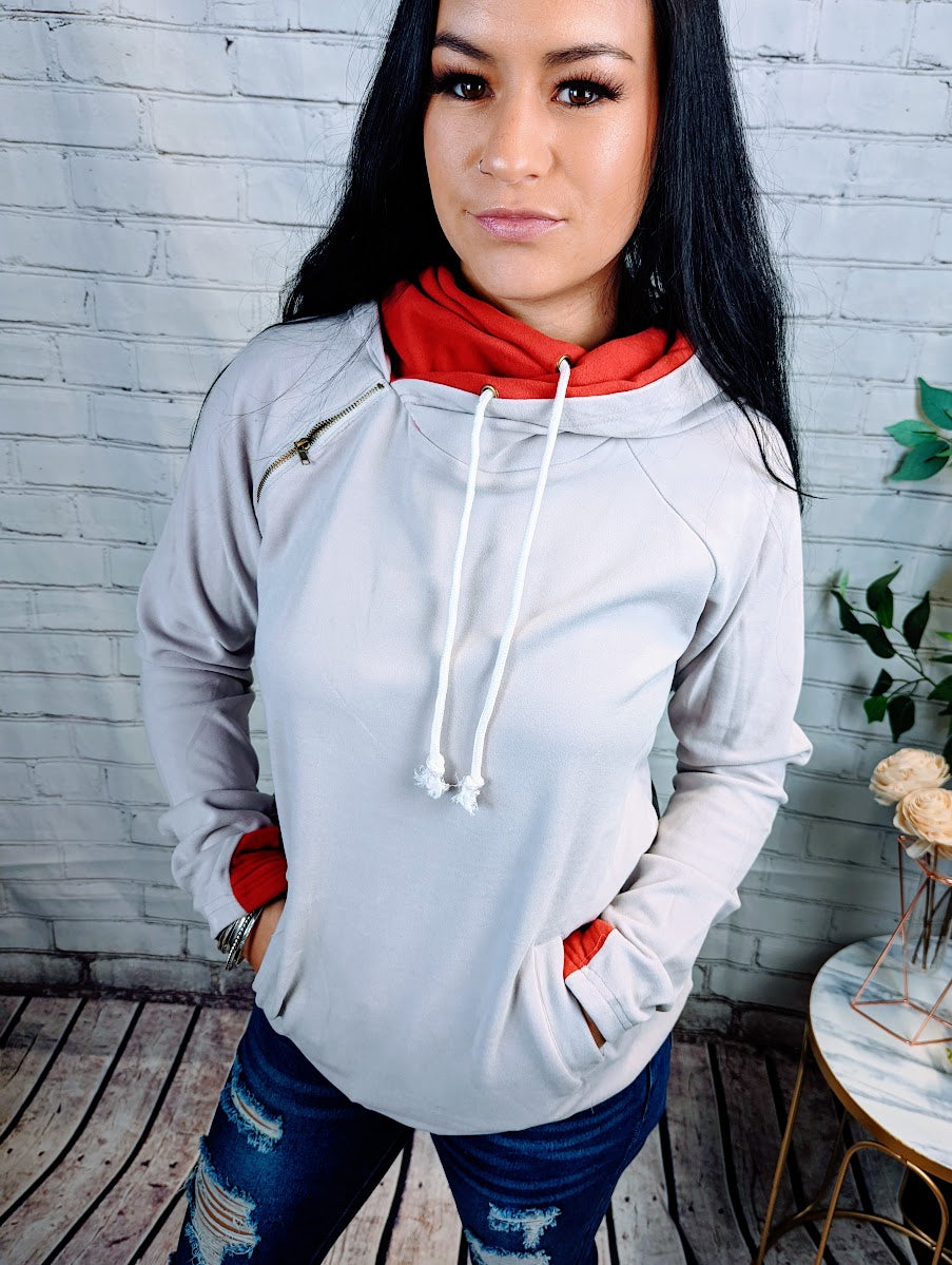 Gray Colorblock Side Zipper Double Hood Sweatshirt