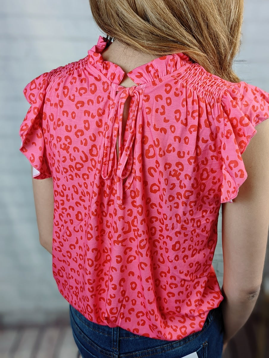 Red Frilled Spilt V Neck Leopard Ruffled Top