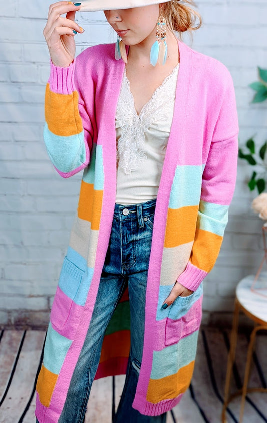 Multicolor Color Block Knit Pocketed Open Front Cardigan