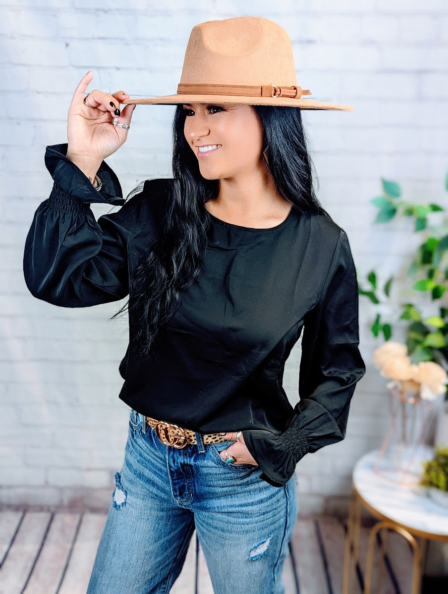 Black Crew Neck Ruffle Bubble Sleeve Top