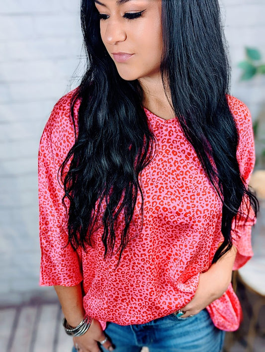 Rose Leopard Print Oversized Half Sleeve V Neck Top