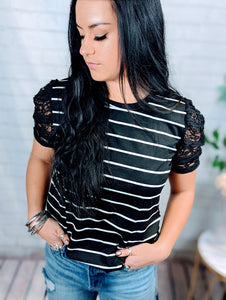 Black Stripe Print Lace Patchwork Short Sleeve T-shirt