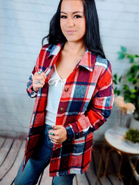 Red Plaid Print Buttoned Shirt Jacket