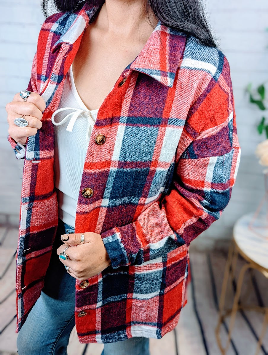 Red Plaid Print Buttoned Shirt Jacket