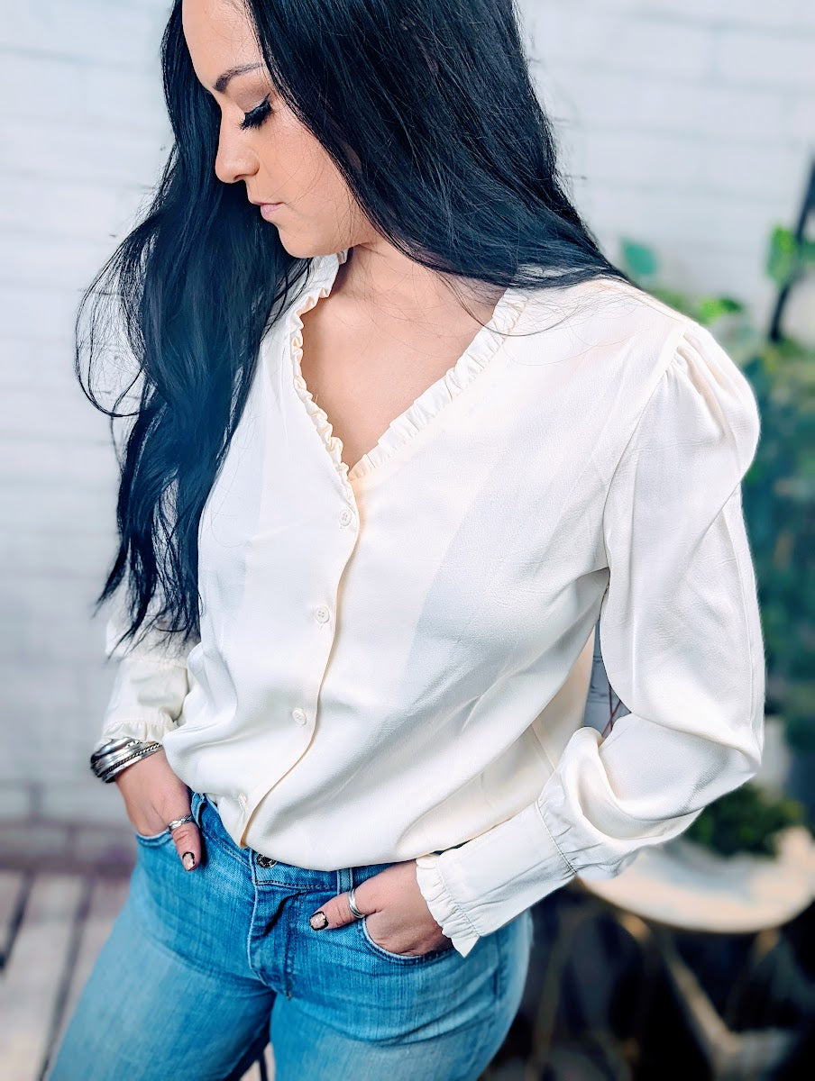 Beige Frilled V Neckline Buttoned French Shirt