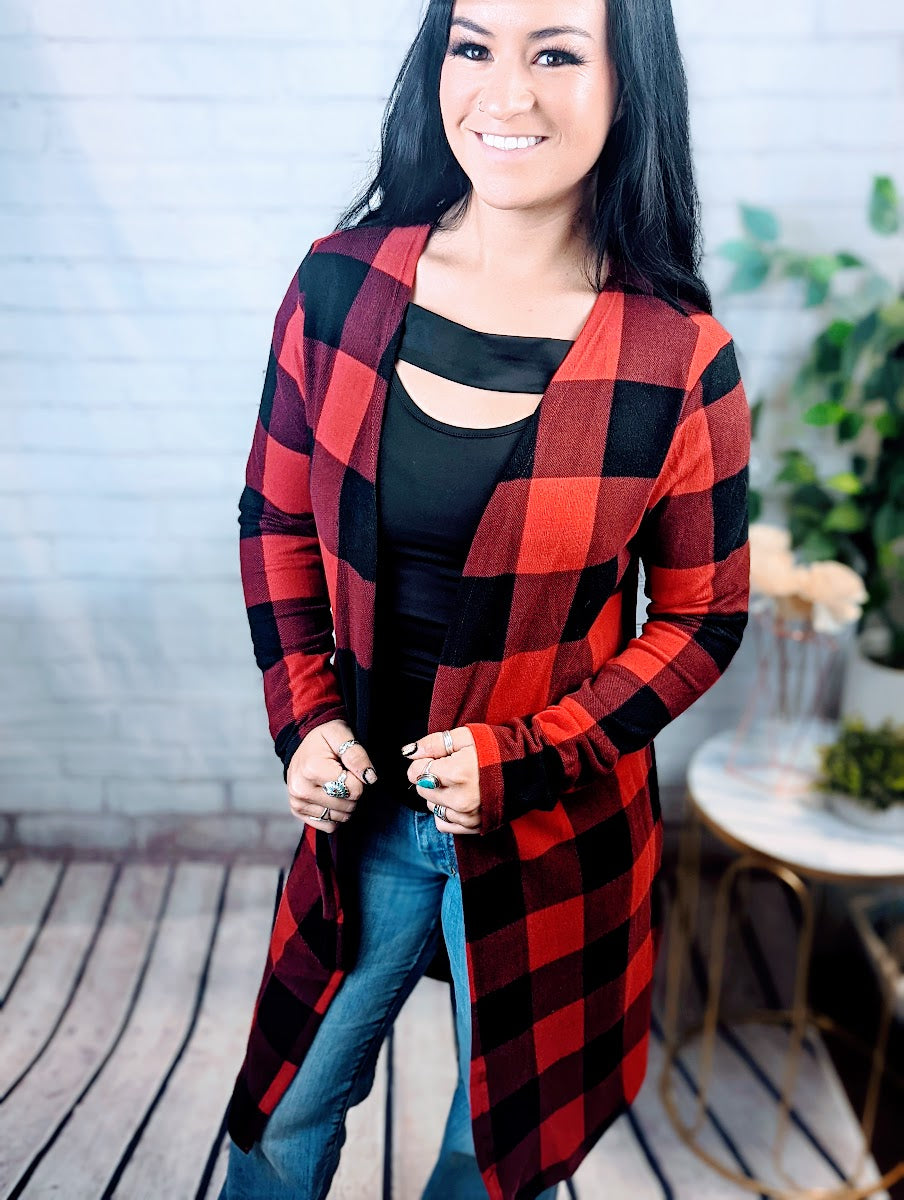 Red Plaid Print Long Cardigan