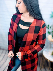 Red Plaid Print Long Cardigan