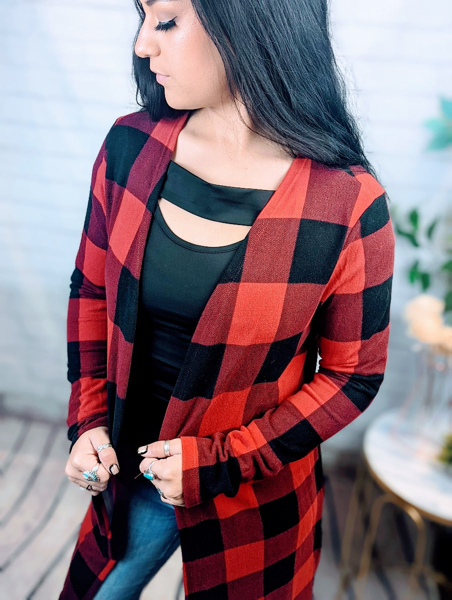 Red Plaid Print Long Cardigan