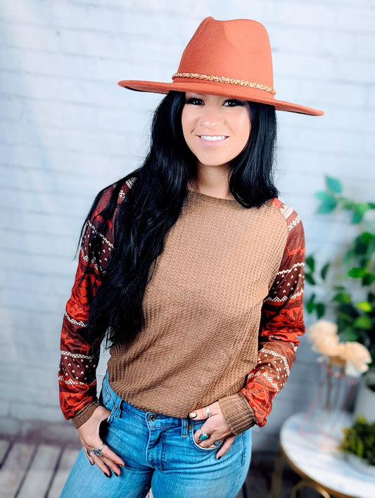 Brown Round Neck Print Waffle Knit Top