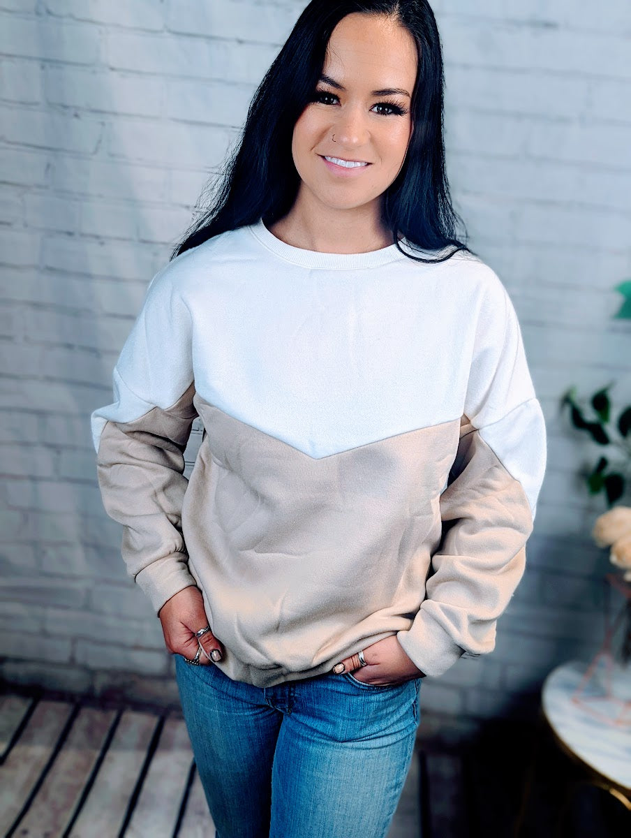 Khaki Crew Neck Drop-shoulder Color Block Sweatshirt