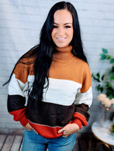 Load image into Gallery viewer, Orange Accent Color Block Turtleneck Chunky Knit Sweater
