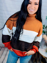 Load image into Gallery viewer, Orange Accent Color Block Turtleneck Chunky Knit Sweater