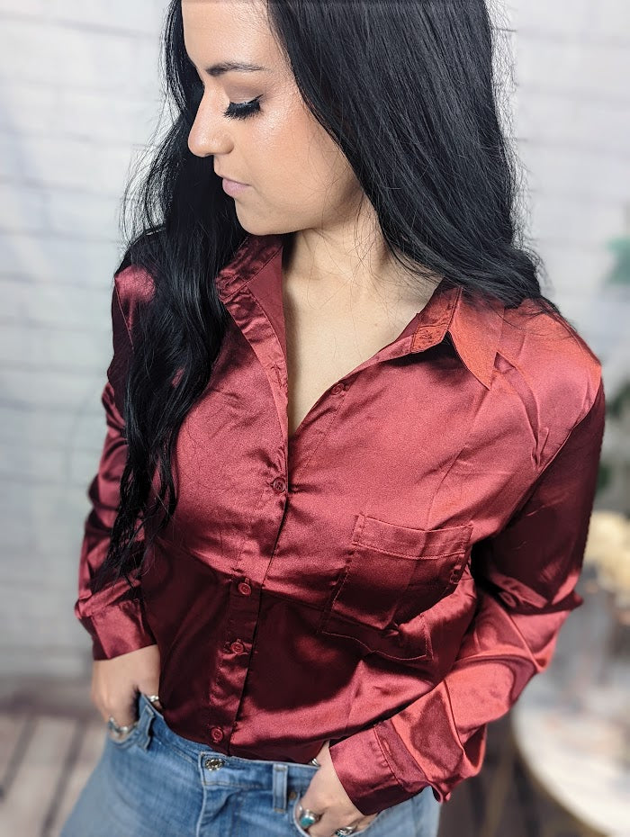 Wine Satin Button Shirt with Pocket