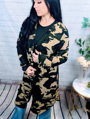 Green Camo Print Long Cardigan