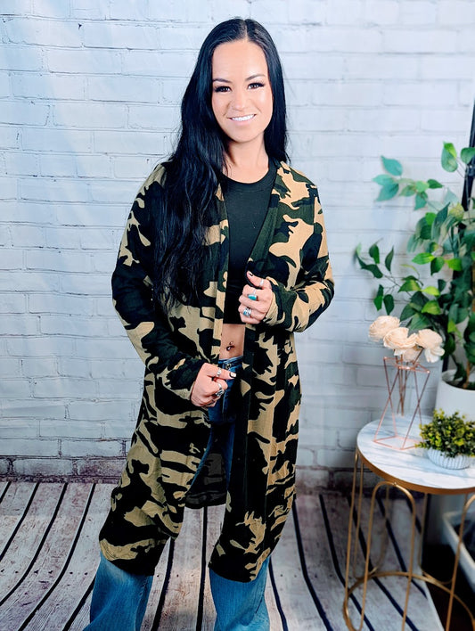 Green Camo Print Long Cardigan