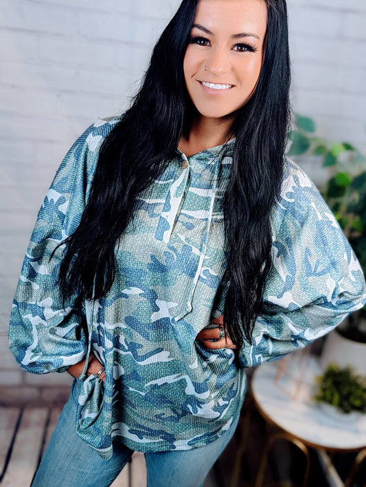 Green Camo Print Oversize Long Sleeve Hoodie