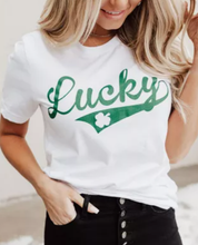 Load image into Gallery viewer, 944. White Letter Print Crew Neck Short Sleeve Lucky Tee