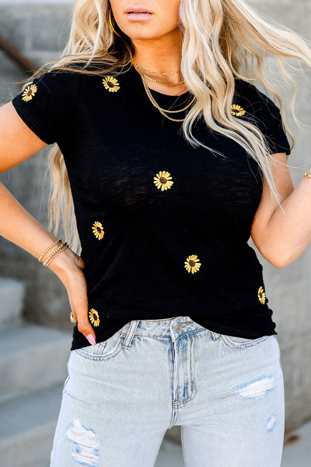 Black Little Sunflower Print Short Sleeve T-shirt