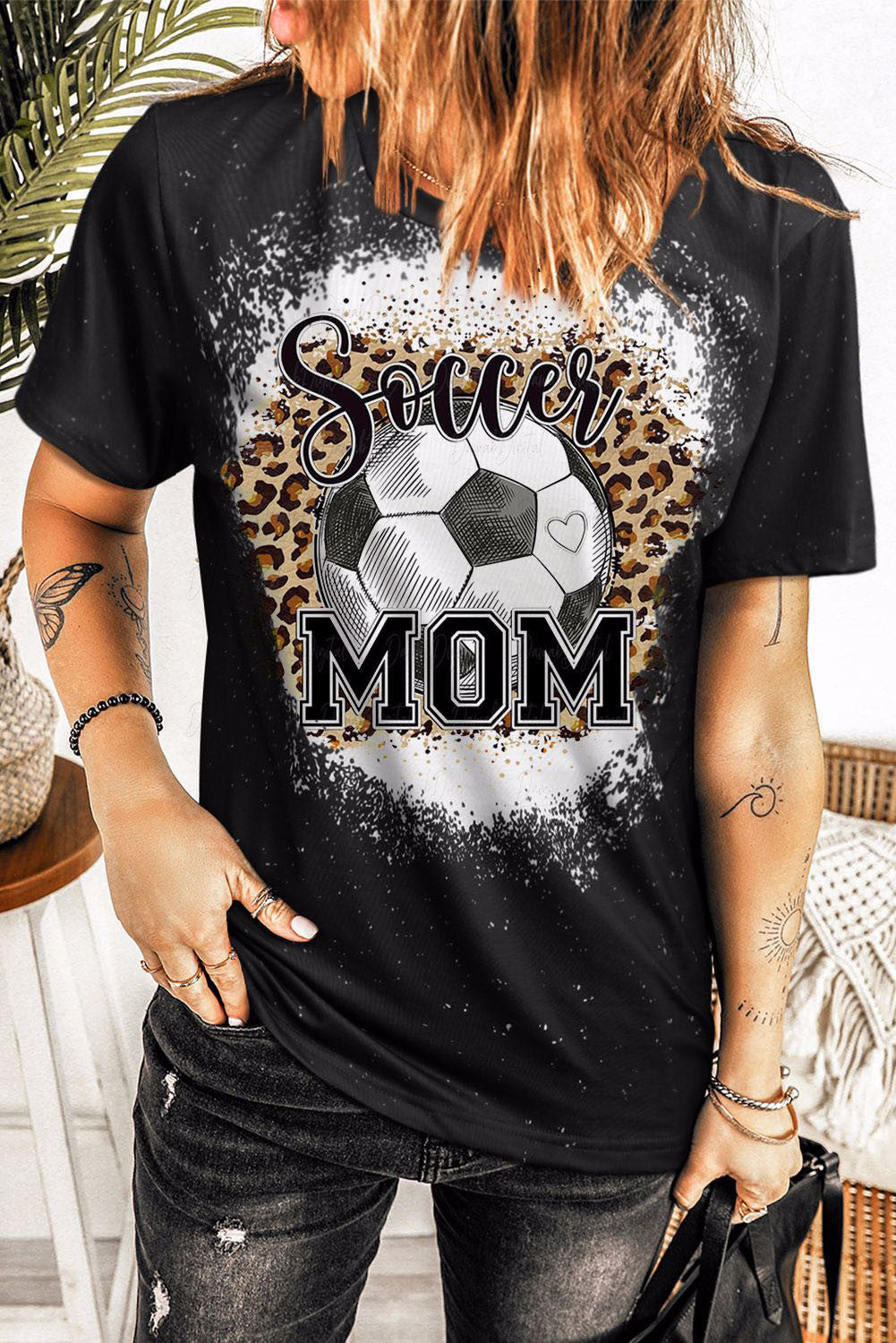 Black Soccer Mom Leopard Graphic Print Short Sleeve T Shirt