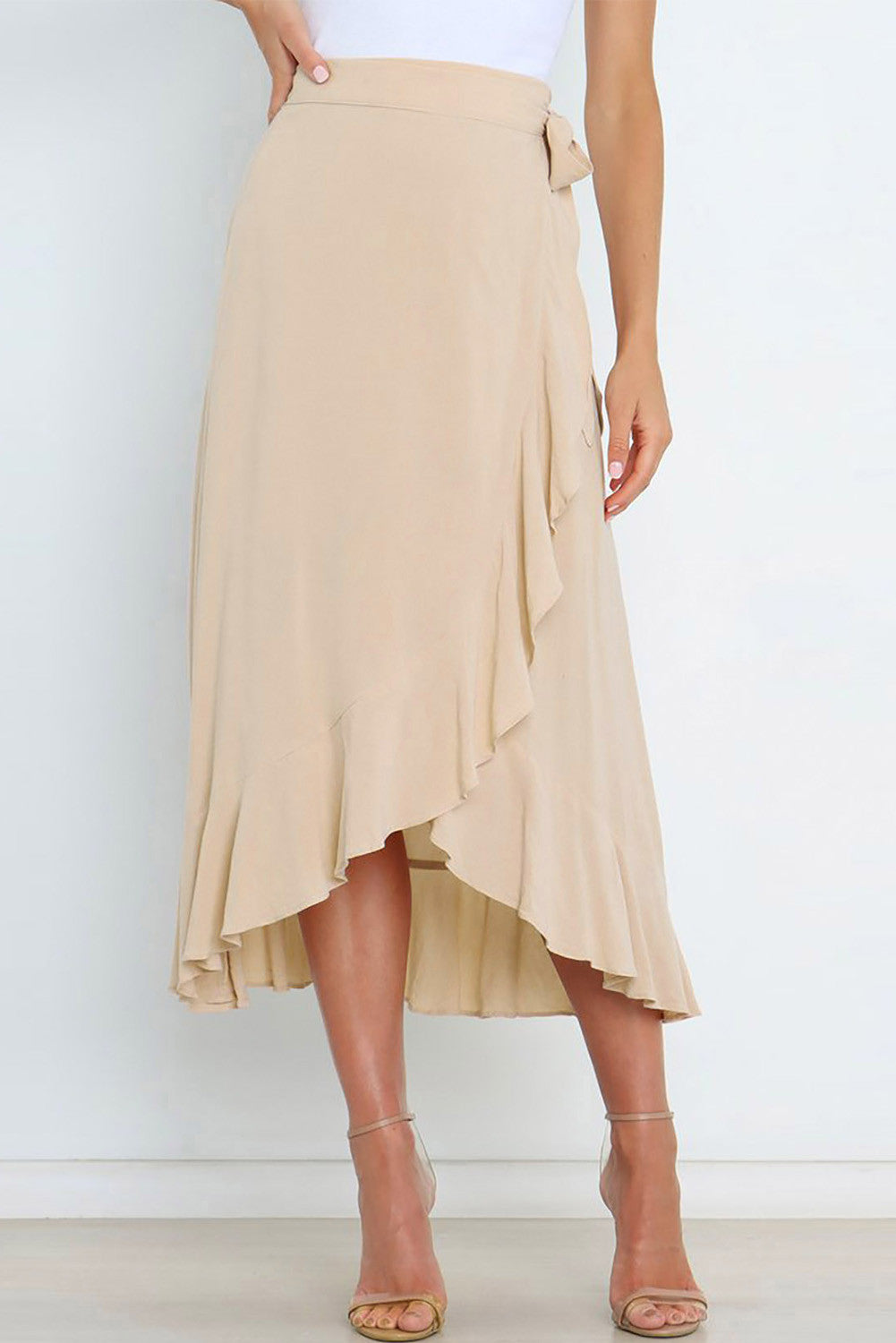 Apricot Ruffled Wrap Lace-up High Waist Maxi Skirt