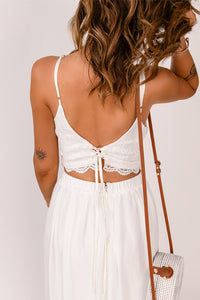 White Lace up Back Floral Sleeveless Crop Top