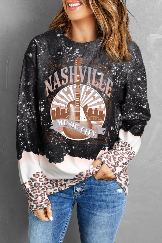 Navy NASHVILLE Music City Guitar Leopard Color Block Sweatshirt