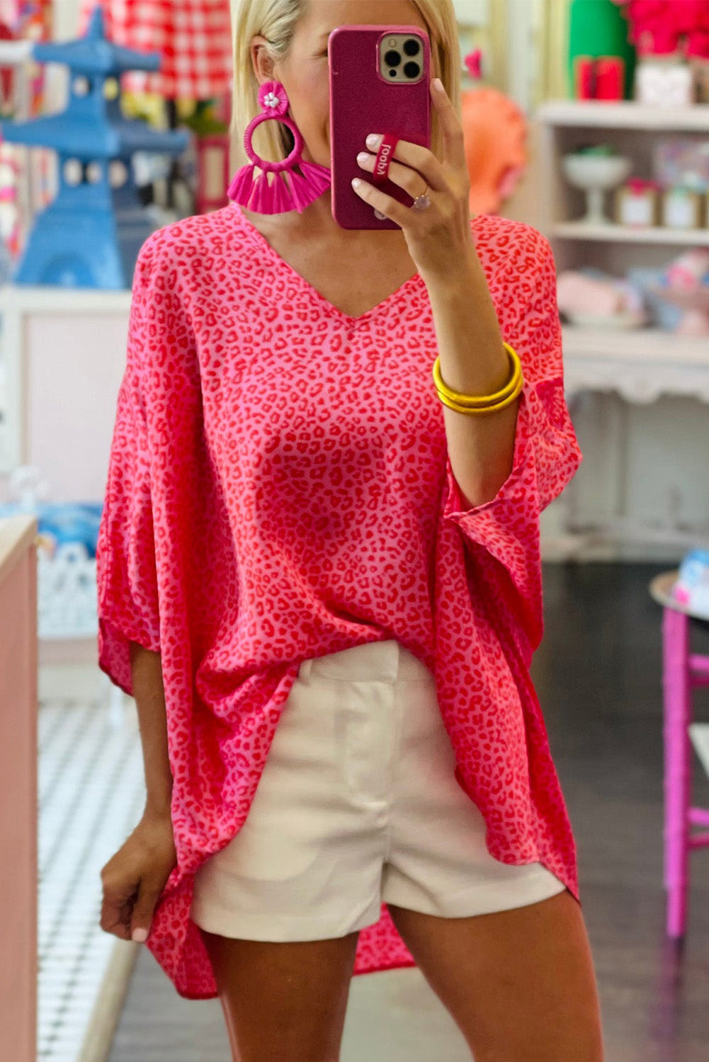 Rose Leopard Print Oversized Half Sleeve V Neck Top