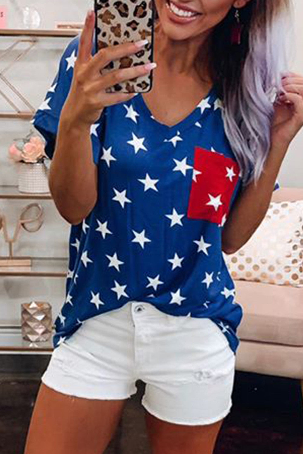 USA Star Print Patch Pocket Blue T-shirt