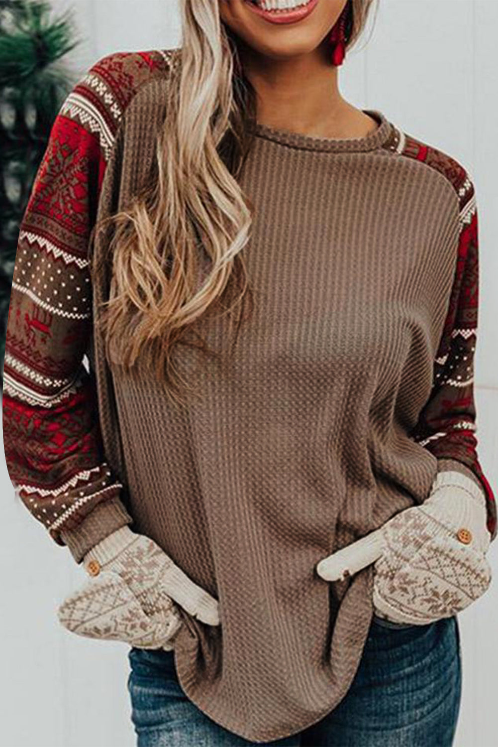 Brown Round Neck Print Waffle Knit Top