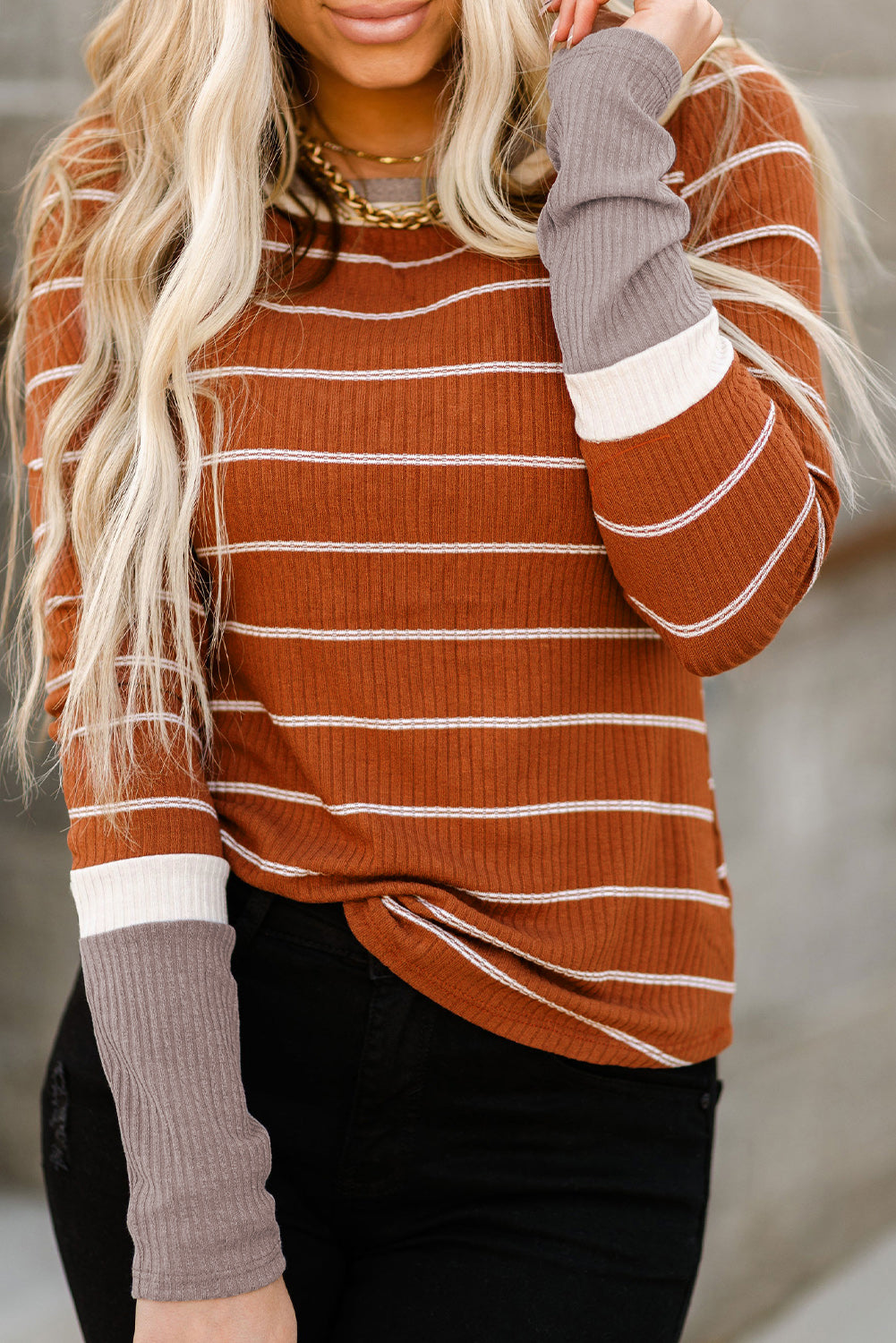 Brown Extend Color Block Cuffs Rib Knit Striped Pullover