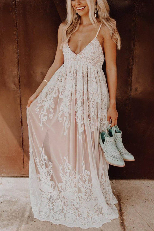 Floral Crochet Lace Ruffled High Waist Long Dress