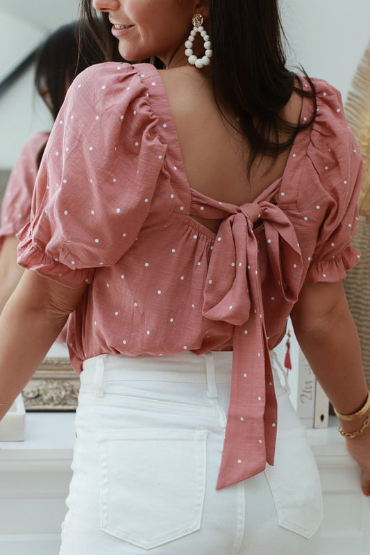 Pink Square Neck Dotted Print Puff Sleeve Blouse with Tie Back