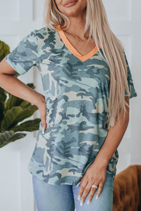 Camouflage Print V Neck Short Sleeve T Shirt