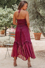 Load image into Gallery viewer, Dark Purple Polka Dot Print Ruffled Halter Neck Backless Long Dress
