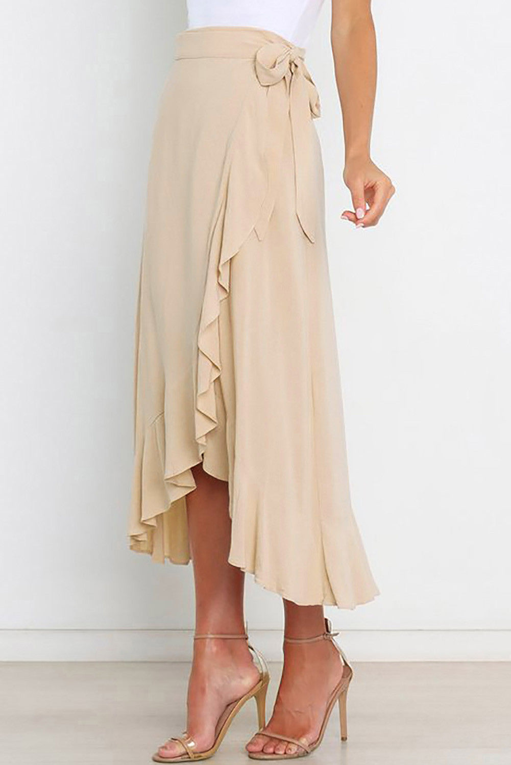 Apricot Ruffled Wrap Lace-up High Waist Maxi Skirt