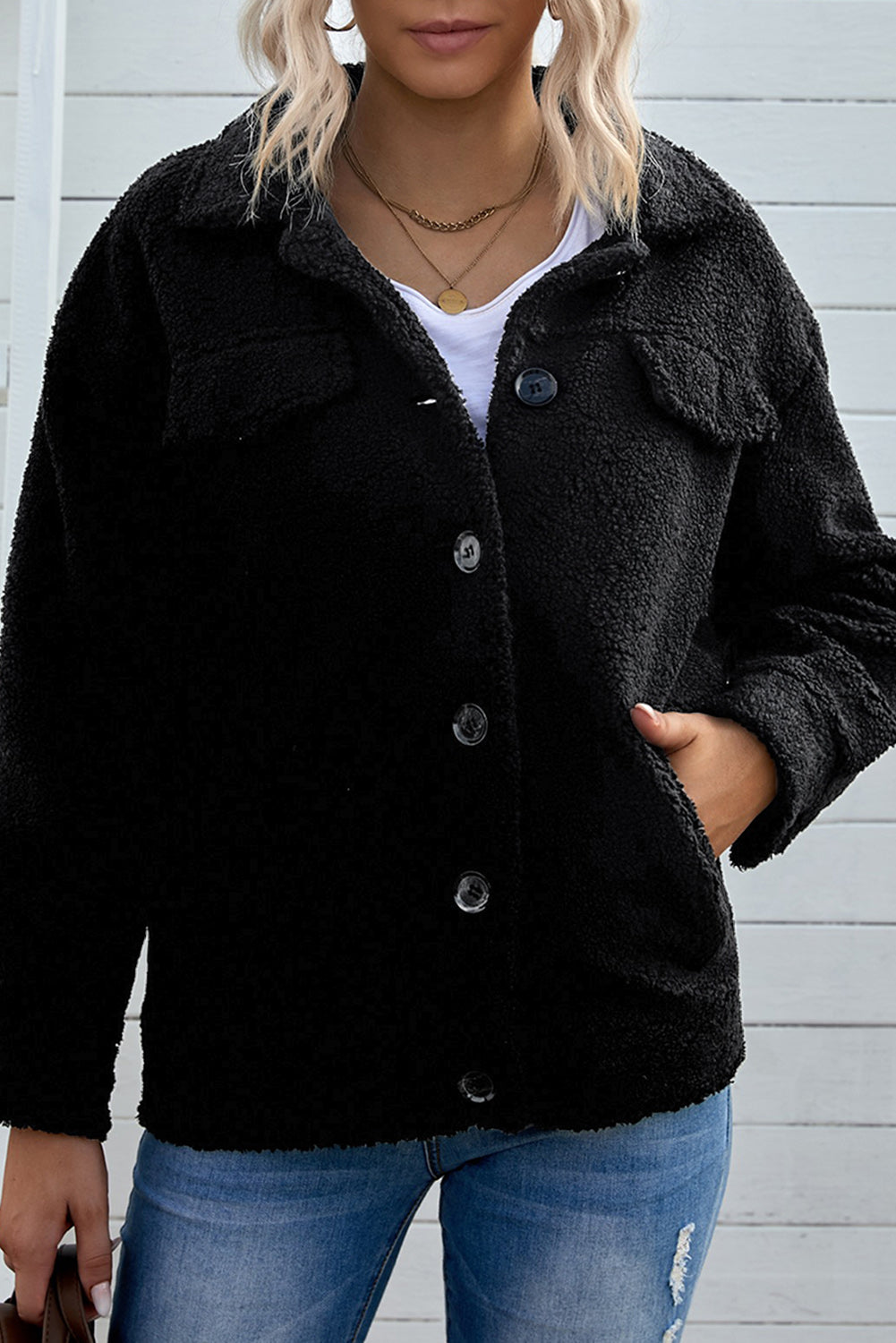 Black Buttons Turn-down Collar Sherpa Coat