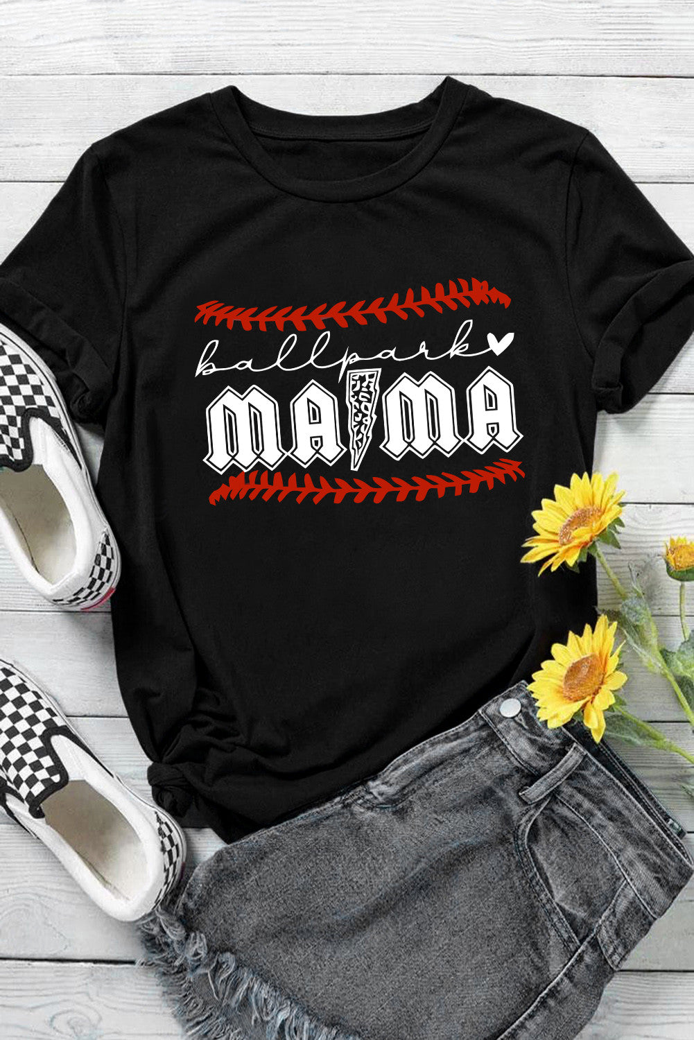 Black MAMA Letter Baseball Graphic Print Short Sleeve T Shirt