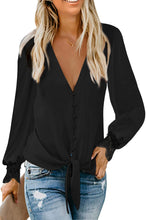 Load image into Gallery viewer, Black V Neck Lace Splicing Cuffs Button Knotted Blouse