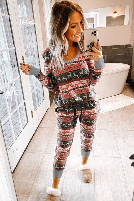 31. Dark Gray Reindeer Run Print Long Sleeve Top & Drawstring Pants Loungewear Set