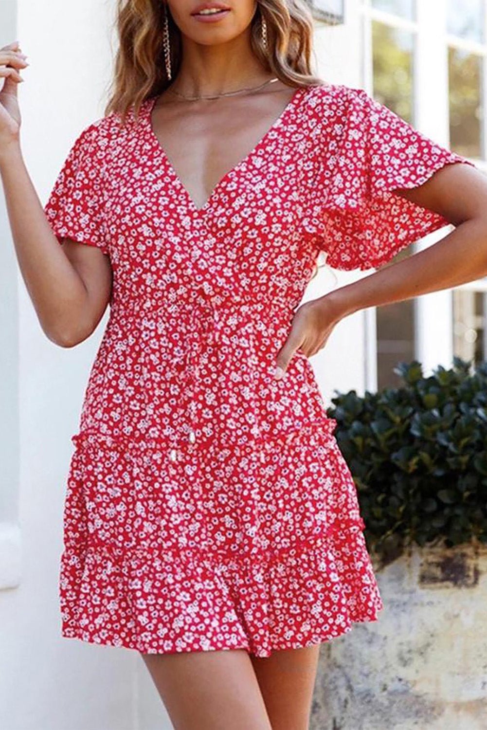 V Neck Short Sleeve Layered Ruffled Floral Dress