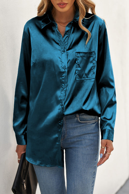 Green Satin Button Shirt with Pocket