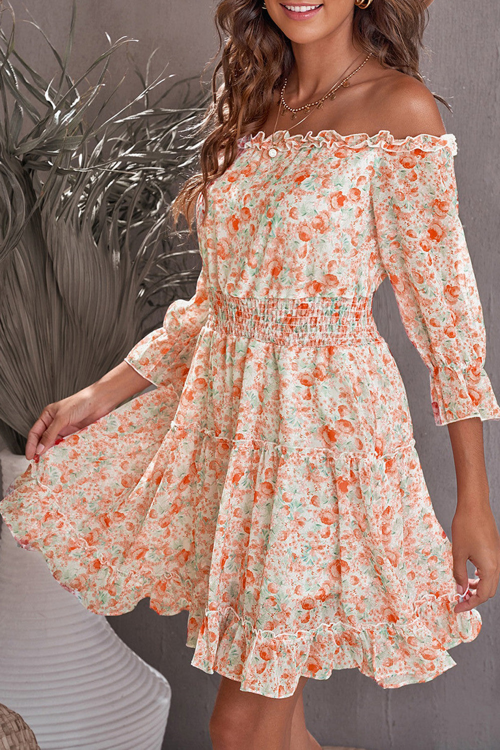 Multicolor Off The Shoulder Elastic Waist Ruffled Floral Dress