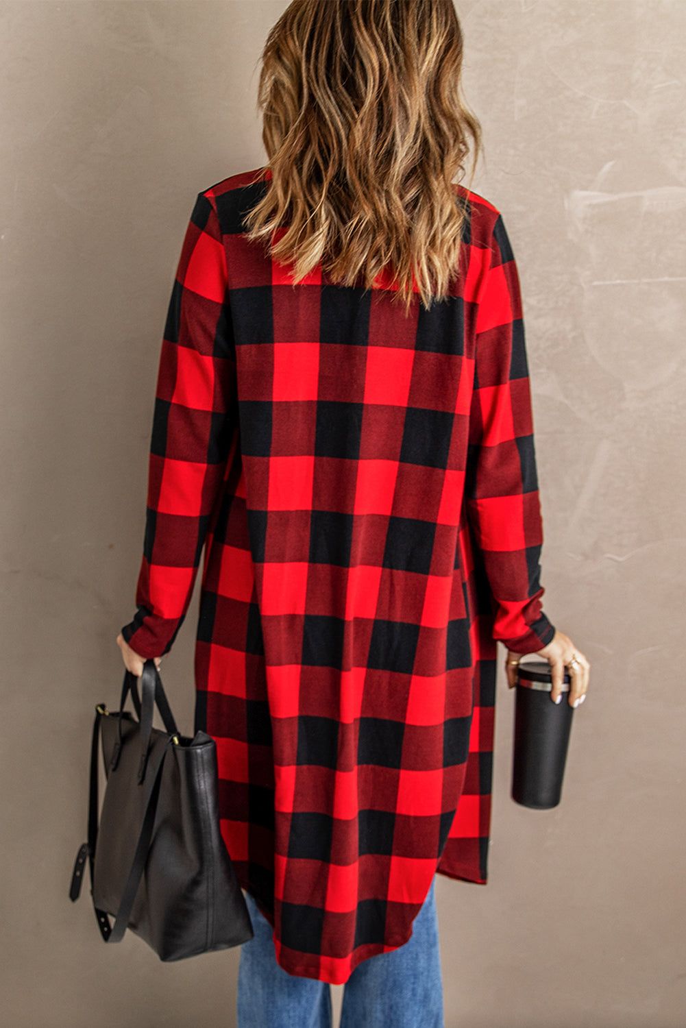 Red Plaid Print Long Cardigan