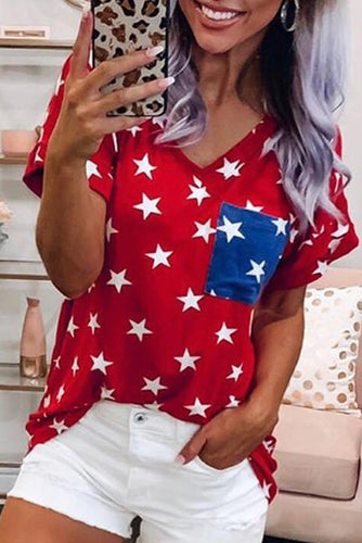 USA Star Print Patch Pocket Red T-shirt