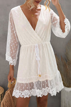 Load image into Gallery viewer, White Wrap V Neck Elastic Waist Polka Dot Mesh Lace Splicing Dress