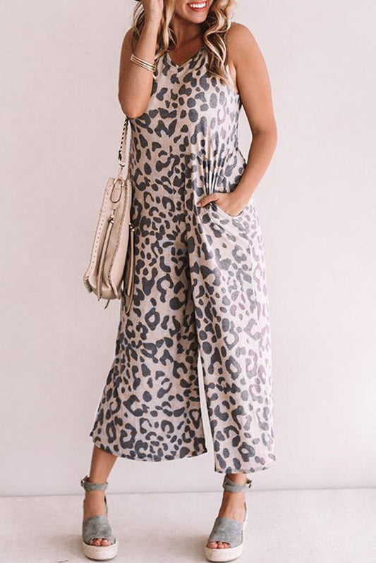 Leopard Leopard Print Pockets Wide Leg Sleeveless Jumpsuit