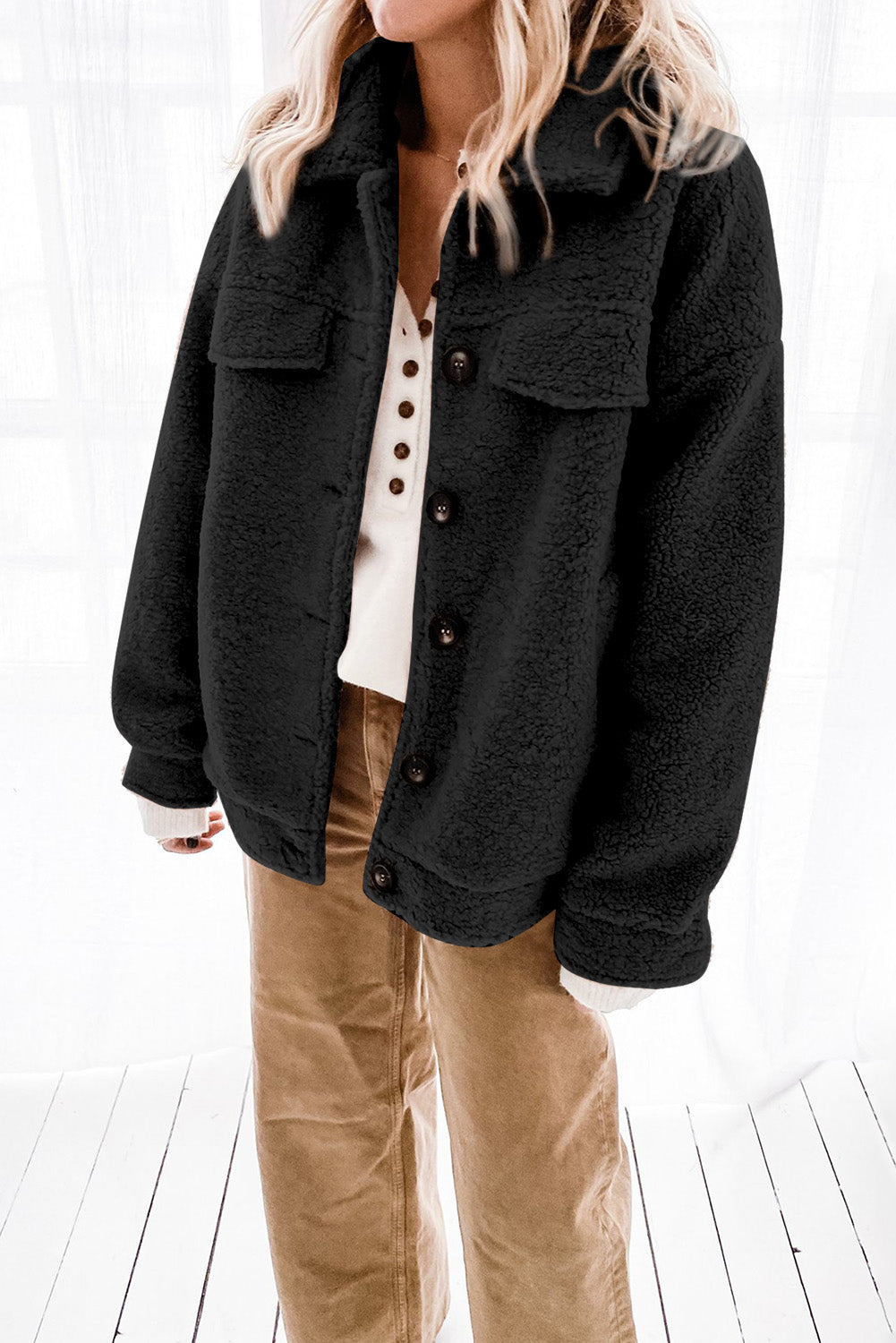 Black Buttons Turn-down Collar Sherpa Coat