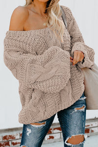 Apricot Bubblegum V-Neck Braided Knit Sweater